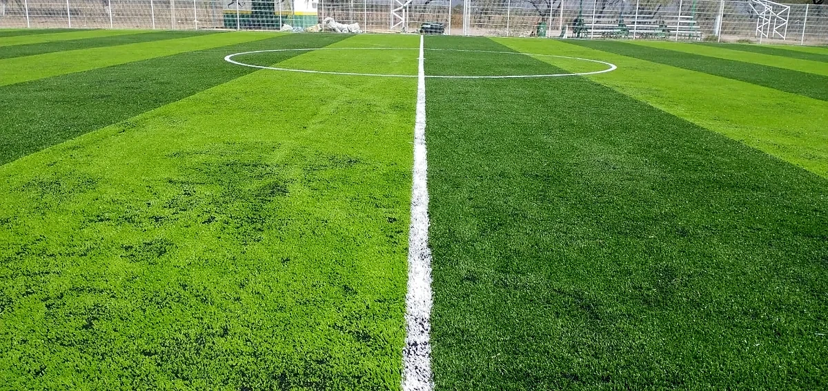Cancha de fútbol 7 con pasto sintético en Unidad Deportiva de Rayón, San Luis Potosí: vista de la cancha y su entorno