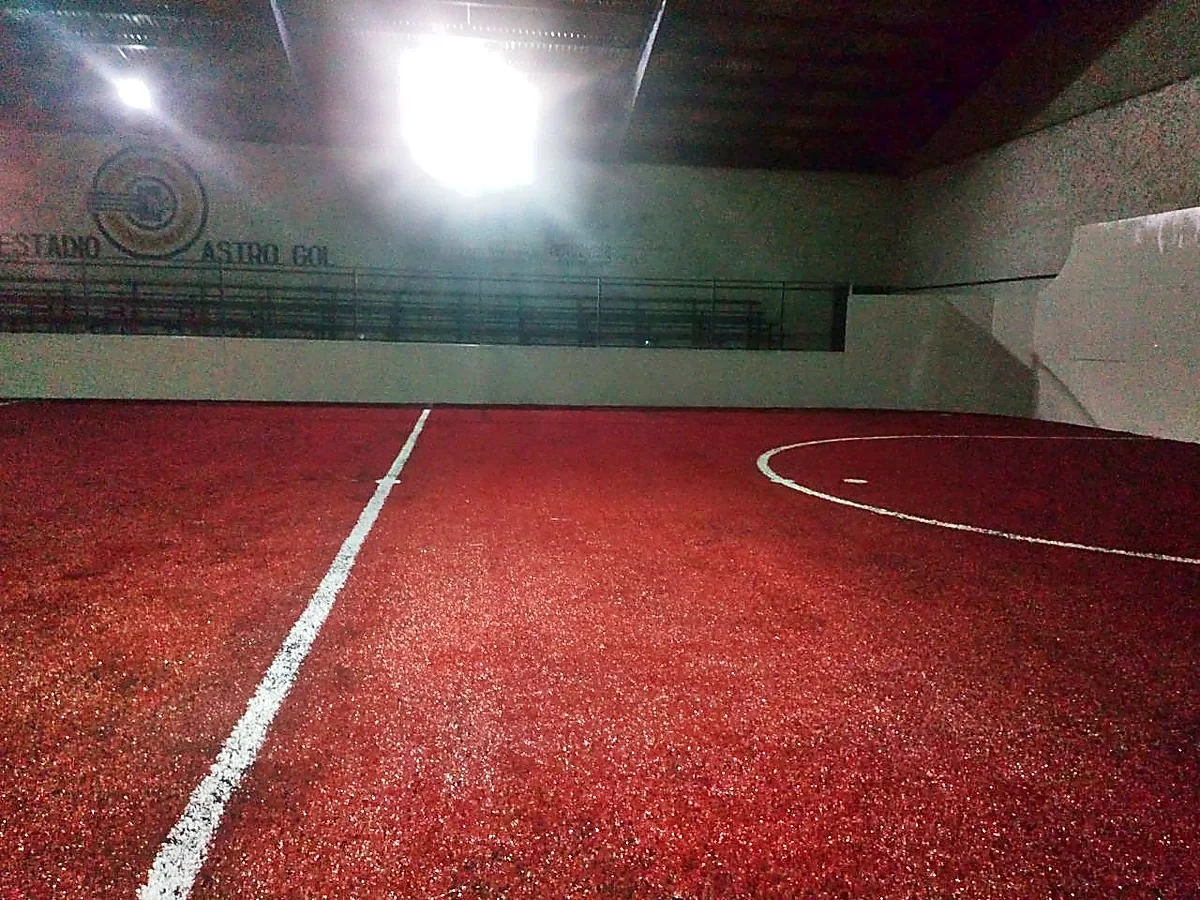 Cancha de fútbol rápido con pasto sintético en Deportivo Astrogol (pasto rojo), Soledad de Graciano Sánchez, San Luis Potosí: la cancha desde la línea lateral