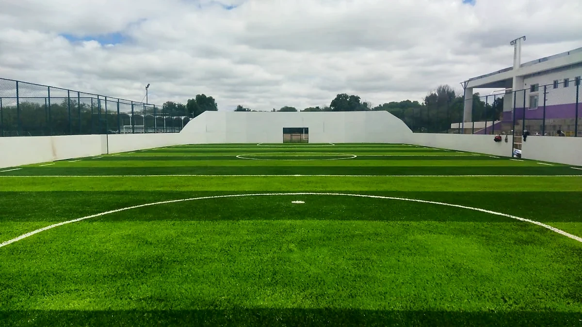 Cancha de fútbol rápido con pasto sintético en Salinas, San Luis Potosí: líneas de juego insertadas en el pasto