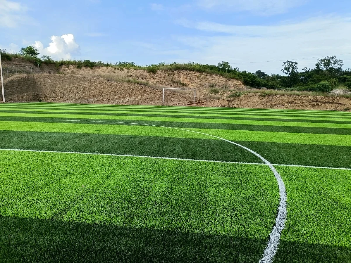Cancha de fútbol soccer con pasto sintético en Axtla de Terrazas, San Luis Potosí: pasto sintético deportivo recién cepillado