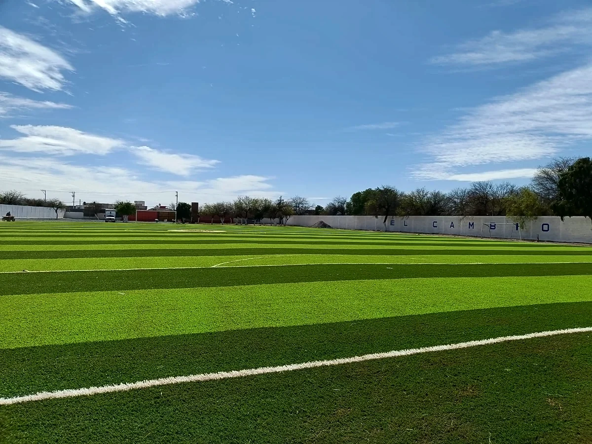 Cancha de fútbol soccer con pasto sintético en Campo Fútbol Club de Leones, Salinas, San Luis Potosí: otra vista de la cancha