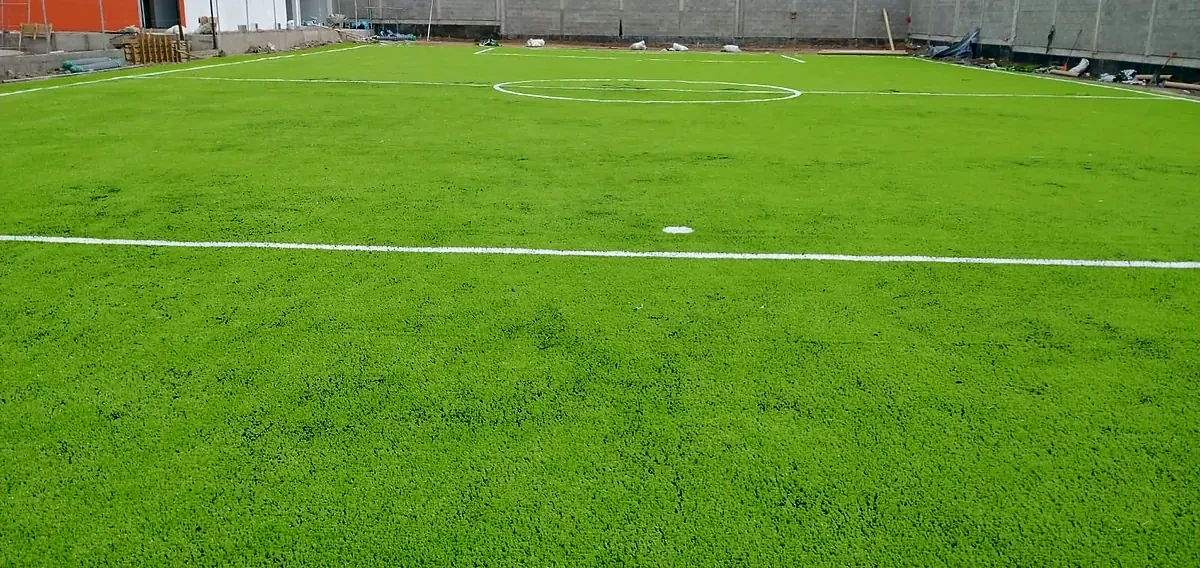 Cancha de fútbol 7 con pasto sintético en Campestre 53, Mazatlán, Sinaloa: vista de la cancha y su entorno