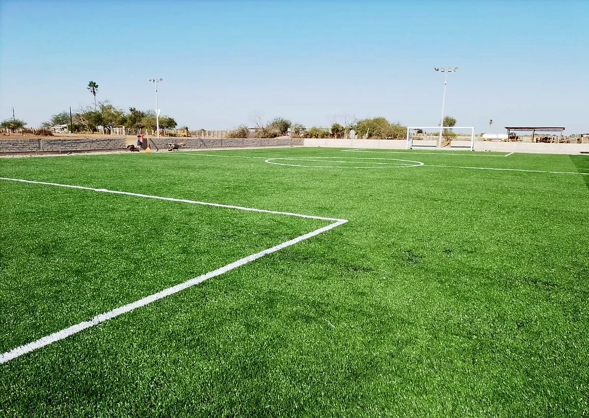 Cancha de fútbol 7 con pasto sintético en Gobierno Municipal Guasave, Sinaloa: pasto sintético deportivo recién cepillado