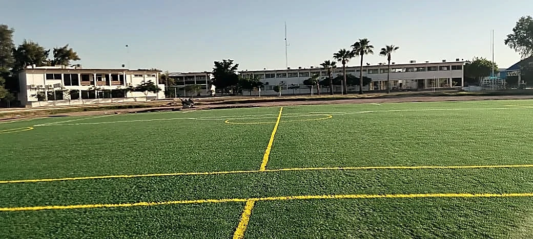 Detalle del pasto sintético de la cancha de fútbol soccer en Ciudad Obregón, Sonora