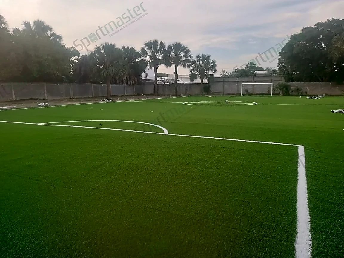 Cancha de fútbol 7 con pasto sintético en Ciudad Victoria, Tamaulipas: líneas de juego insertadas en el mismo pasto