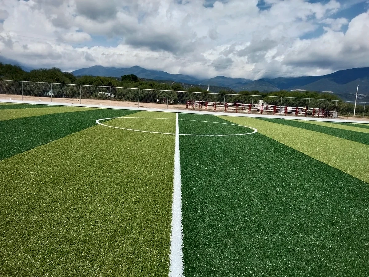 Cancha de fútbol 7 con pasto sintético en Jaumave, Tamaulipas: líneas de juego insertadas en el mismo pasto