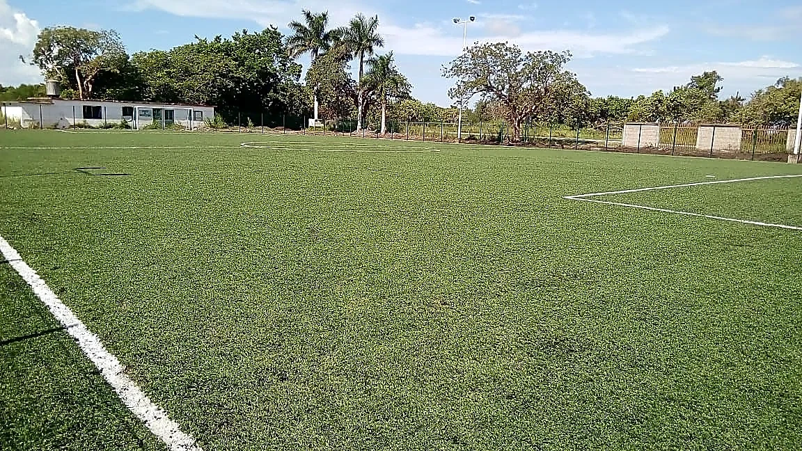 Cancha de fútbol 7 con pasto sintético en Secundaria Técnica #72, Aldama, Tamaulipas: pasto sintético deportivo recién cepillado