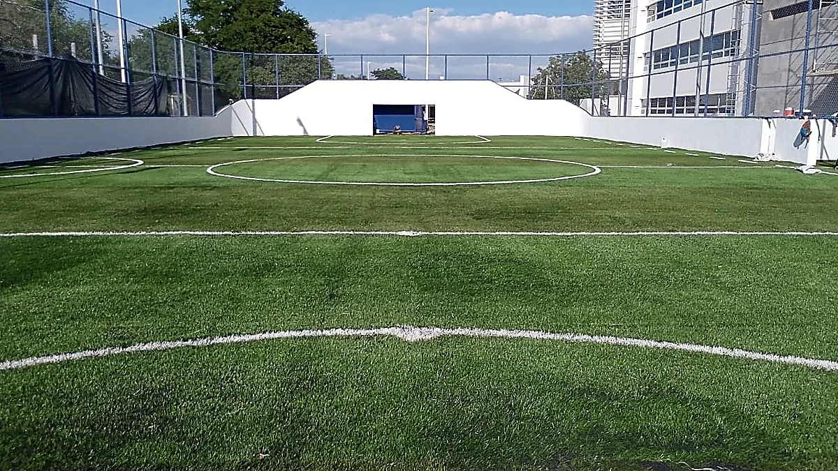 Cancha de fútbol rápido con pasto sintético en Universidad La Salle, Ciudad Victoria, Tamaulipas: líneas de juego insertadas en el pasto