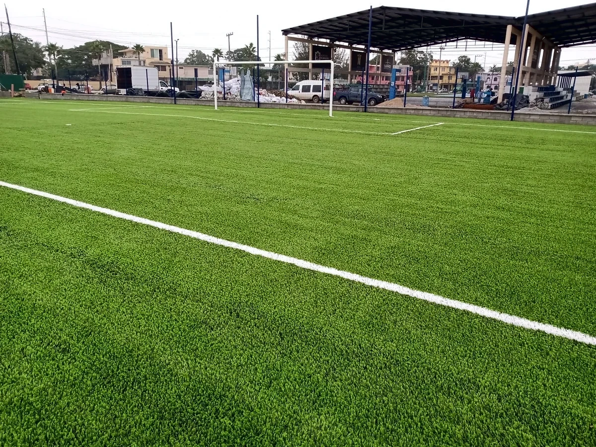 Cancha de fútbol soccer con pasto sintético en Unidad Deportiva de Tampico, Tamaulipas: pasto sintético deportivo recién cepillado