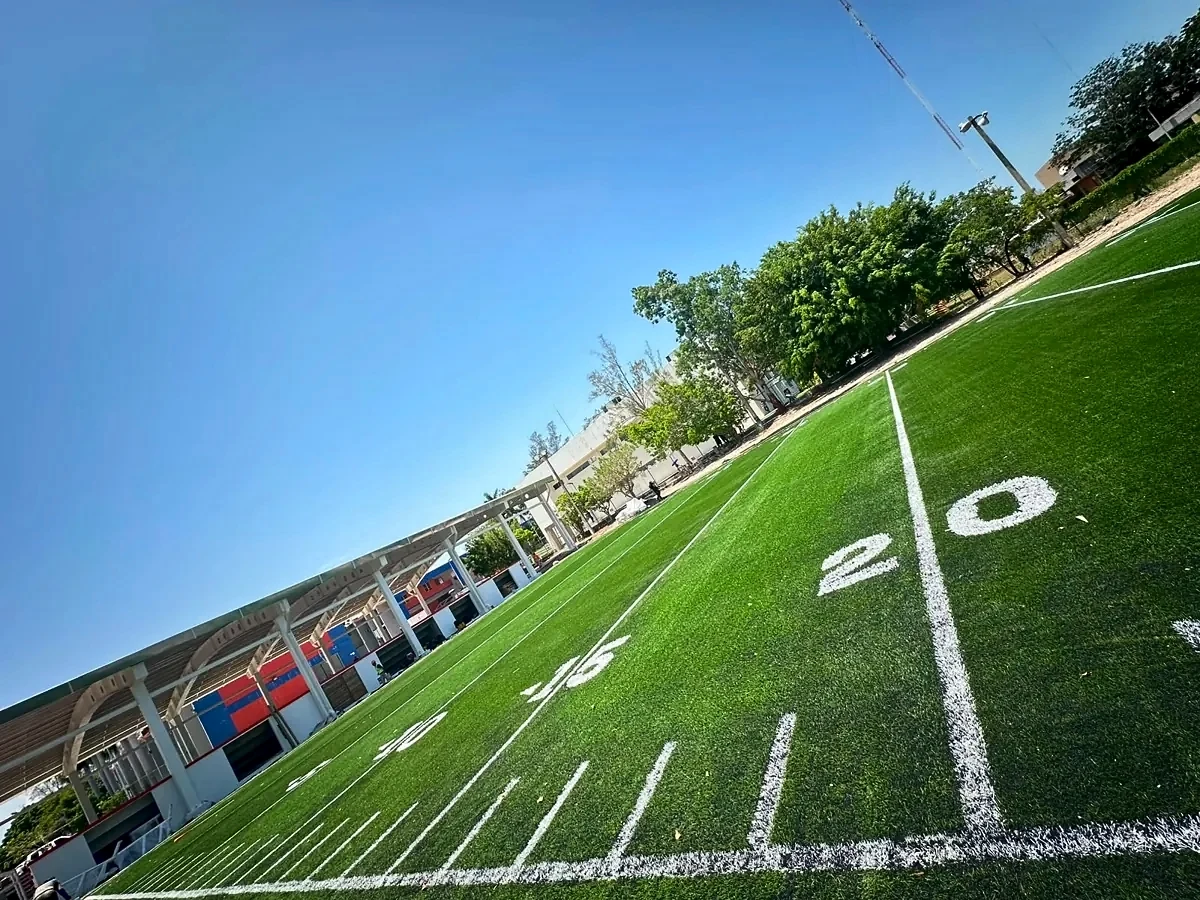 Detalle de la yarda 20 marcada en pasto sintético en el campo de la UAT Facultad de Derecho, Tampico
