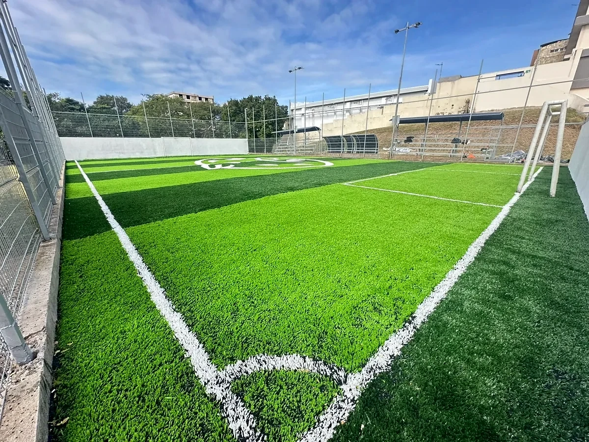 Esquina y líneas de juego de una cancha de pasto sintético con gradas al fondo en una escuela de Tampico