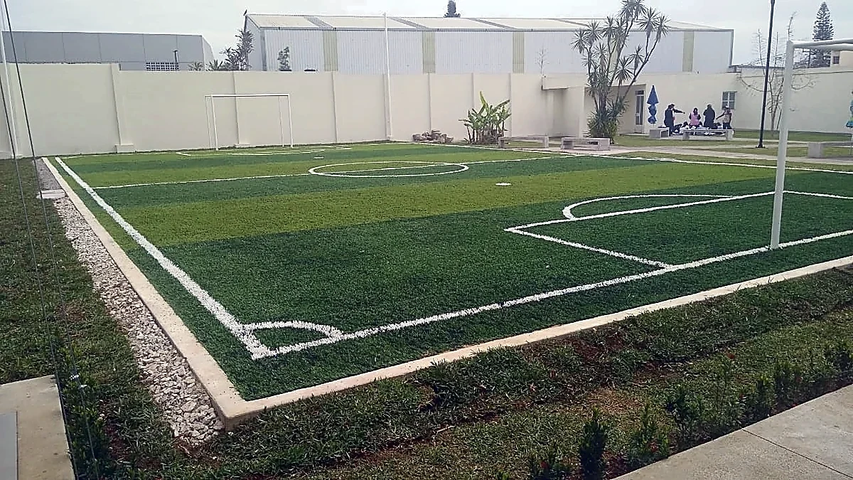 Detalle del pasto sintético de la cancha de fútbol 5 en Córdoba, Veracruz