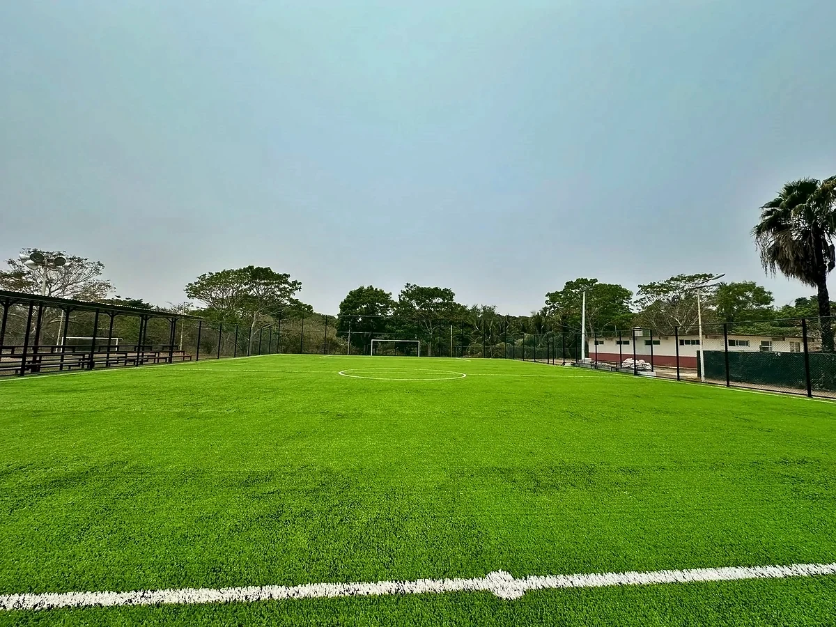 Cancha de fútbol 7 con pasto sintético en Campo de Comunidad, Paso de Ovejas, Veracruz: líneas de juego insertadas en el mismo pasto
