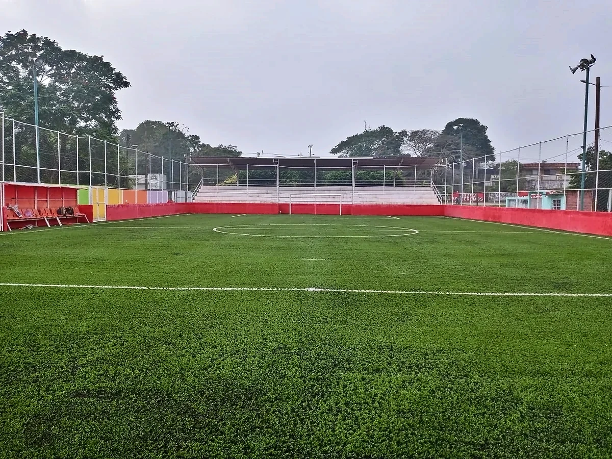 Cancha de fútbol 7 con pasto sintético en Cuichapa, Veracruz: líneas de juego insertadas en el mismo pasto