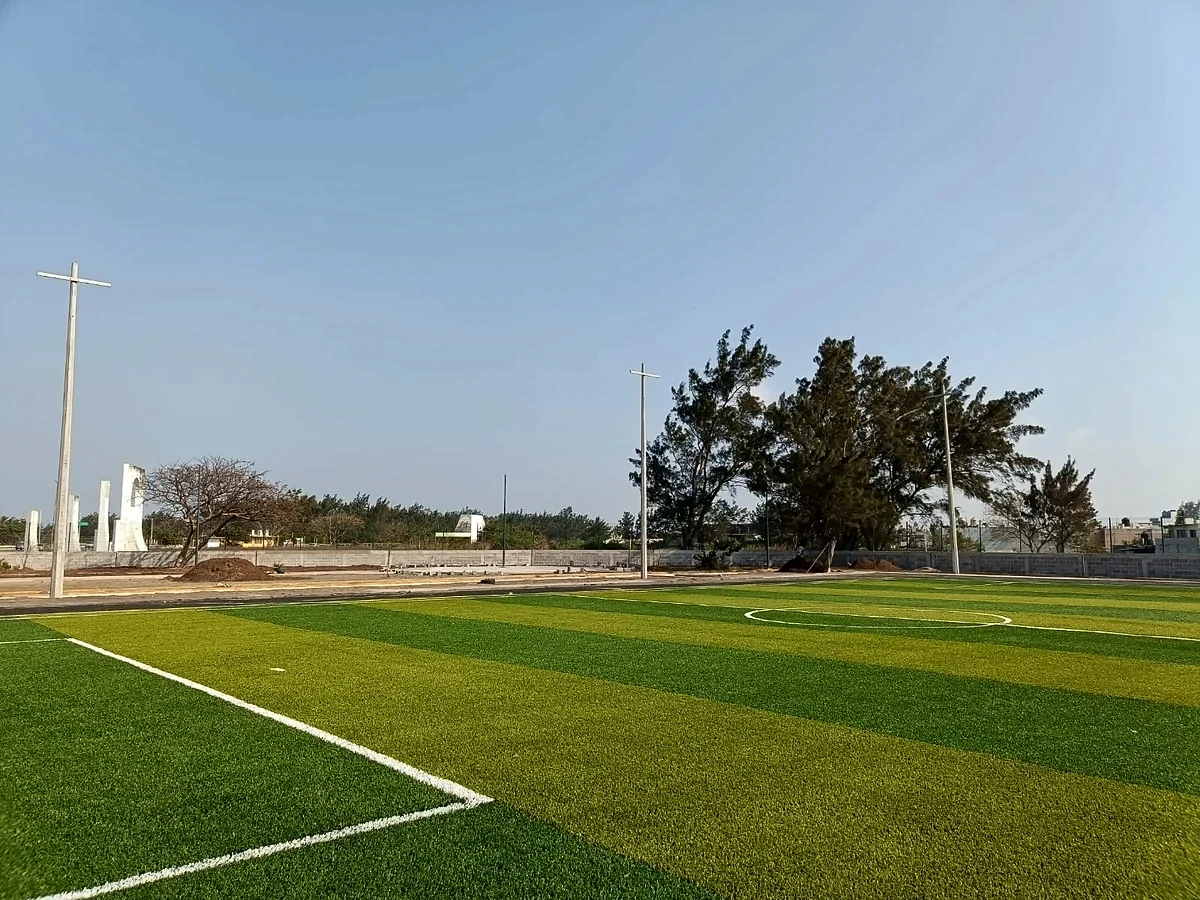 Cancha de fútbol 7 con pasto sintético en Unidad Deportiva la Pineda, Veracruz, Veracruz: pasto sintético deportivo recién cepillado