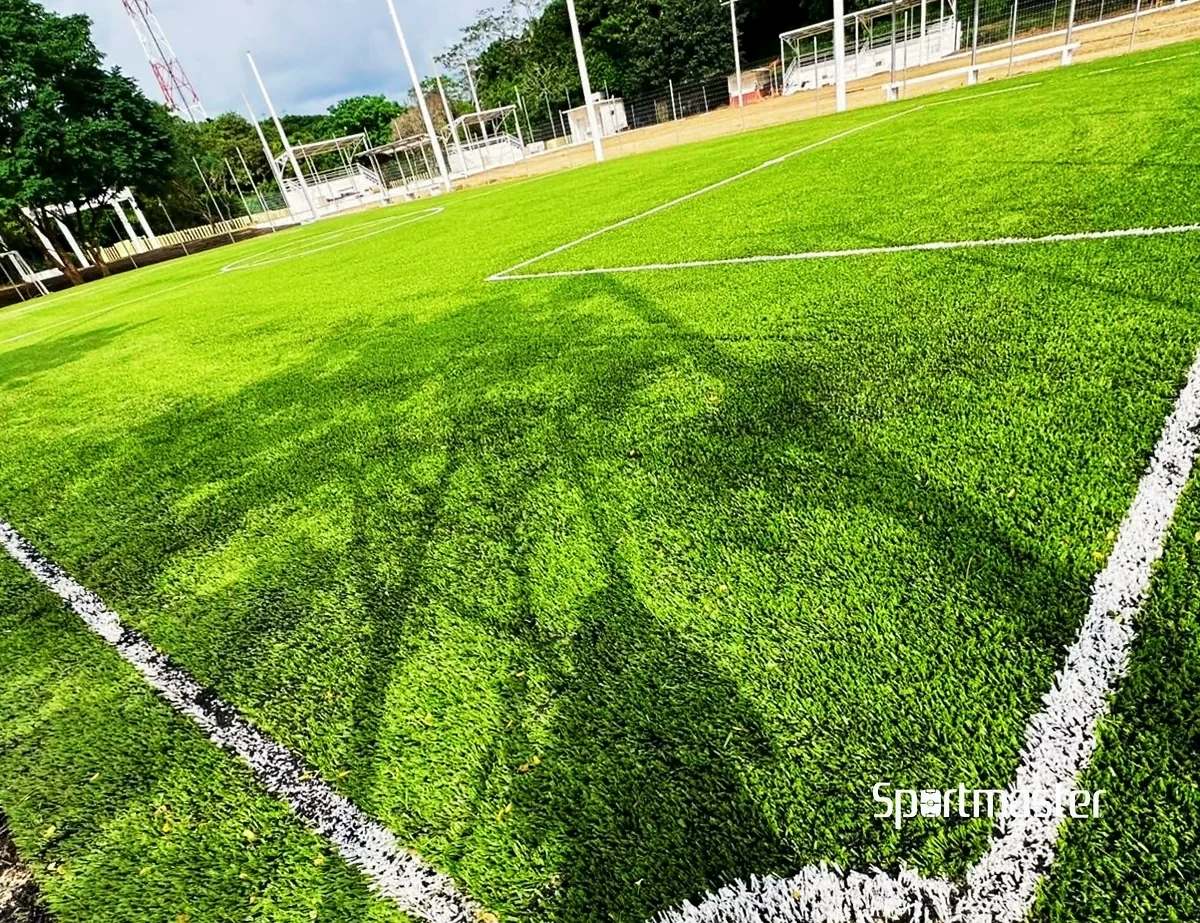 Cancha de fútbol 7 con pasto sintético en Unidad Deportiva Satelta, Coatzacoalcos, Veracruz: líneas de juego insertadas en el mismo pasto