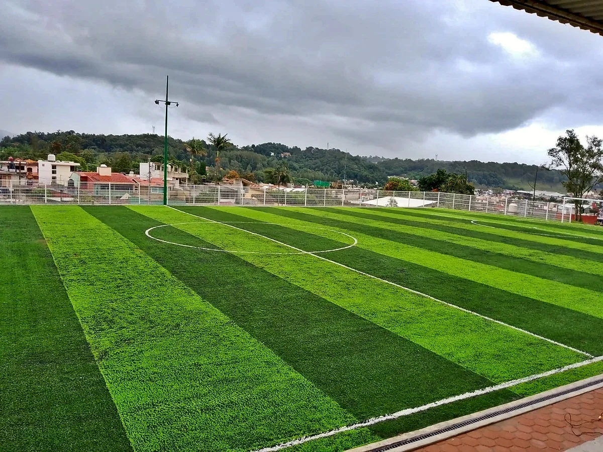 Cancha de fútbol 9 con pasto sintético en Unidad Deportiva El Palenque, Banderilla, Veracruz: la cancha desdel fondo