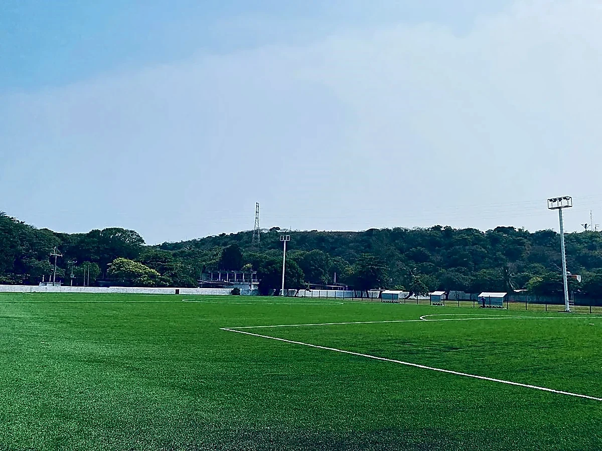 Cancha de fútbol soccer con pasto sintético en Alvarado, Veracruz: la cancha desde la línea lateral