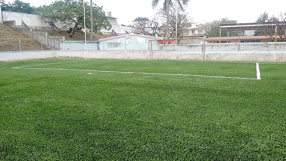 Cancha de fútbol soccer con pasto sintético en Boca del Río, Veracruz: líneas de juego insertadas en el pasto