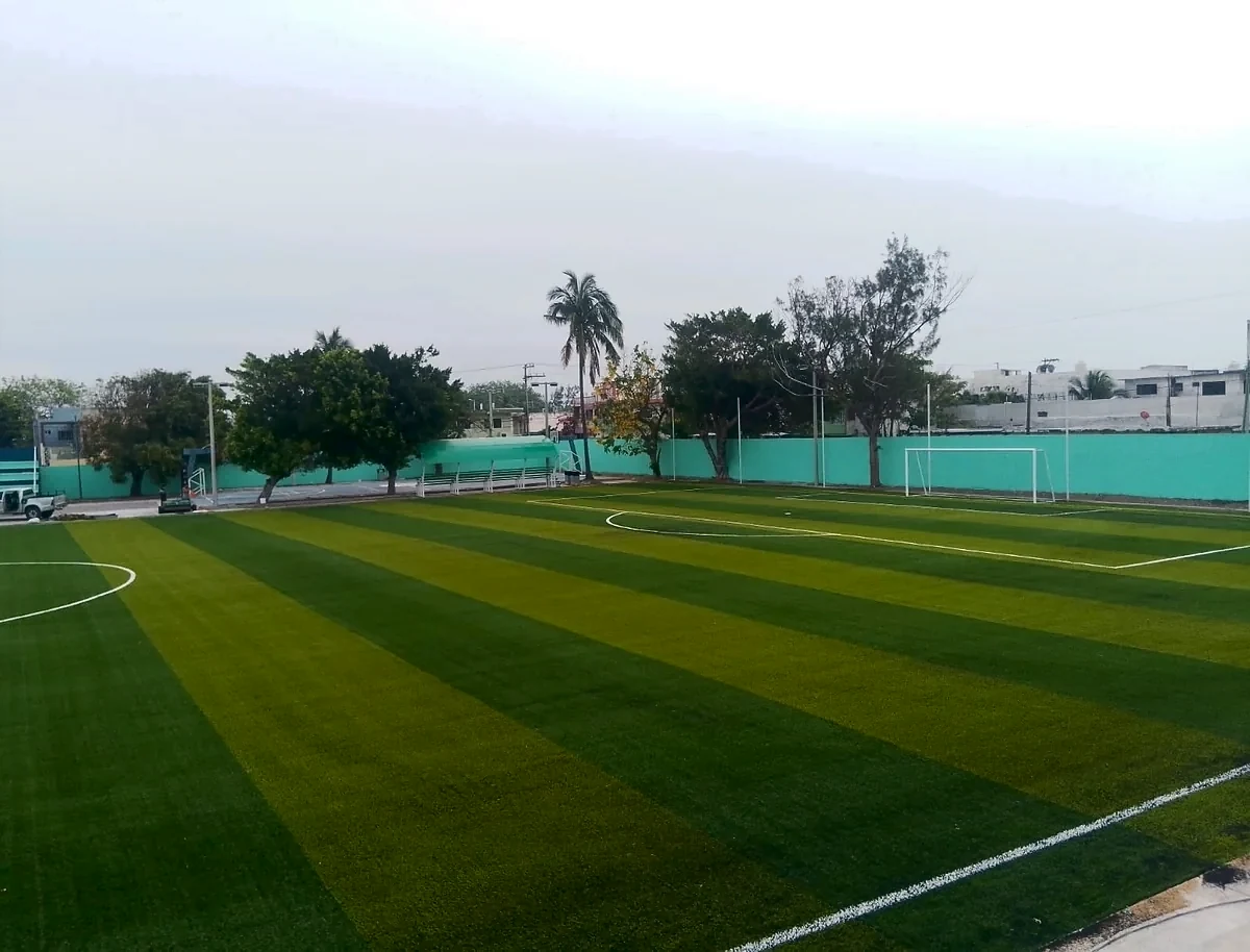 Cancha de fútbol soccer con pasto sintético en Veracruz, Veracruz: líneas de juego insertadas en el pasto