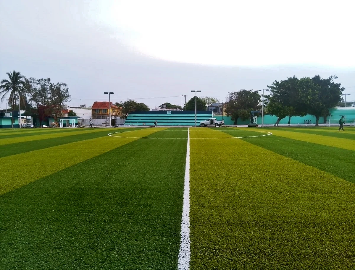 Cancha de fútbol soccer con pasto sintético en Veracruz, Veracruz: la cancha desde la línea lateral