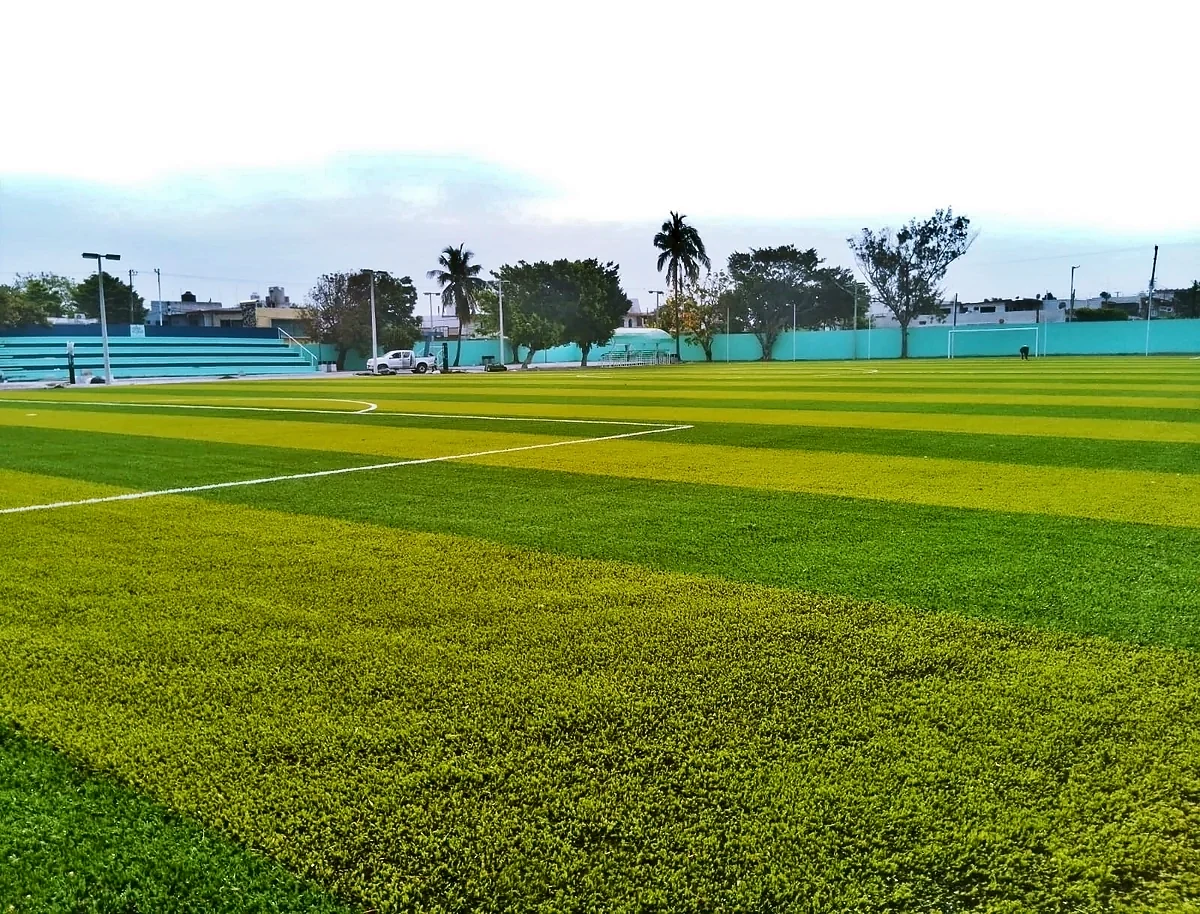 Cancha de fútbol soccer con pasto sintético en Veracruz, Veracruz: pasto sintético deportivo recién cepillado