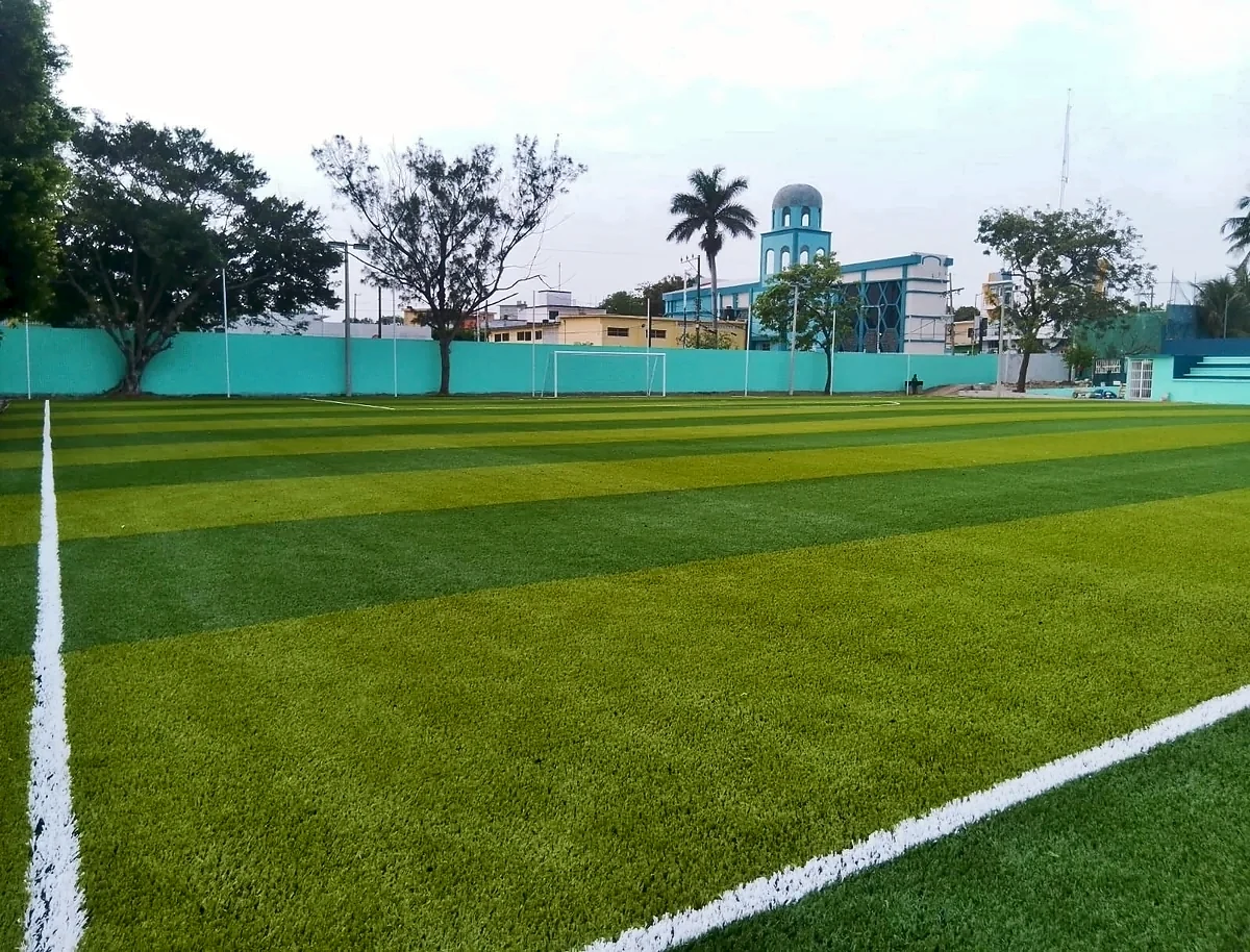 Cancha de fútbol soccer con pasto sintético en Veracruz, Veracruz: la cancha desdel fondo