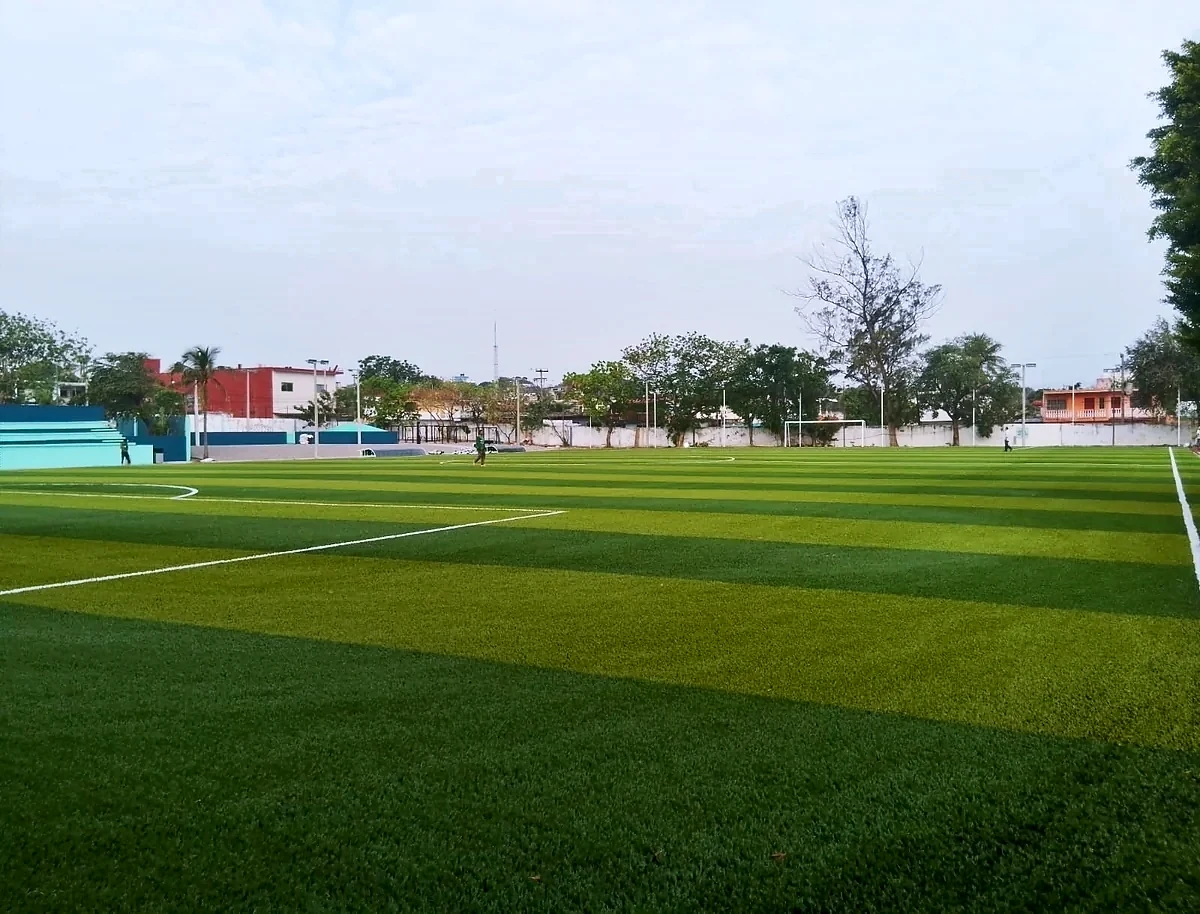 Cancha de fútbol soccer con pasto sintético en Veracruz, Veracruz: vista de la cancha y su entorno