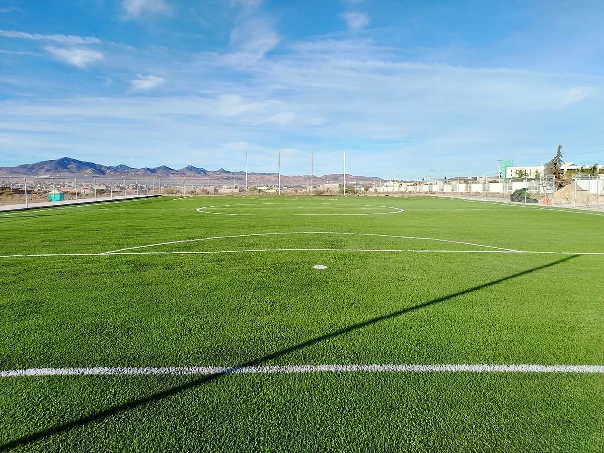 Cancha de fútbol 7 con pasto sintético en Fresnillo, Zacatecas: pasto sintético deportivo recién cepillado