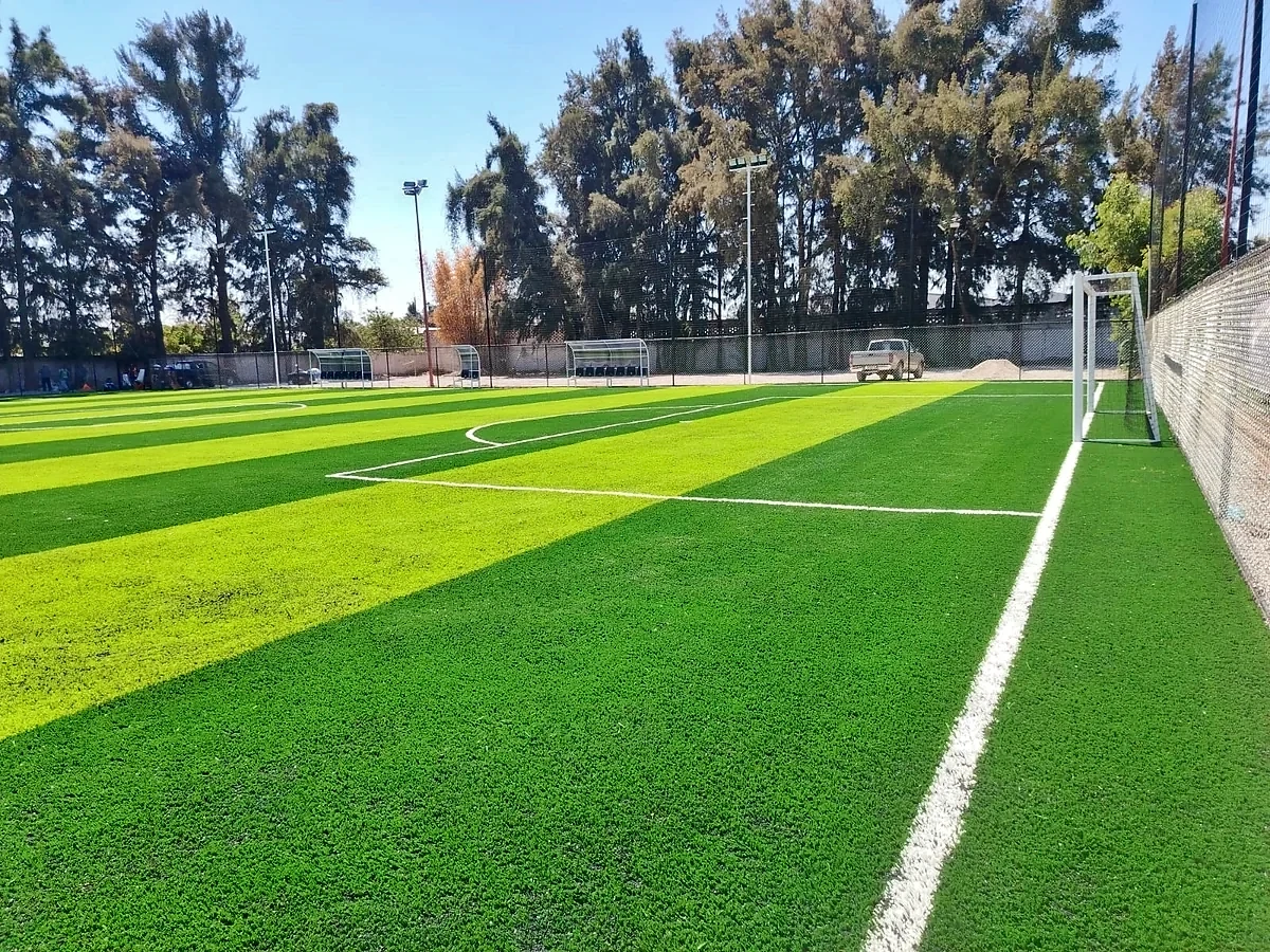 Línea lateral y área insertadas en pasto sintético a franjas en el Club Atlético Balam, Zapopan, Jalisco
